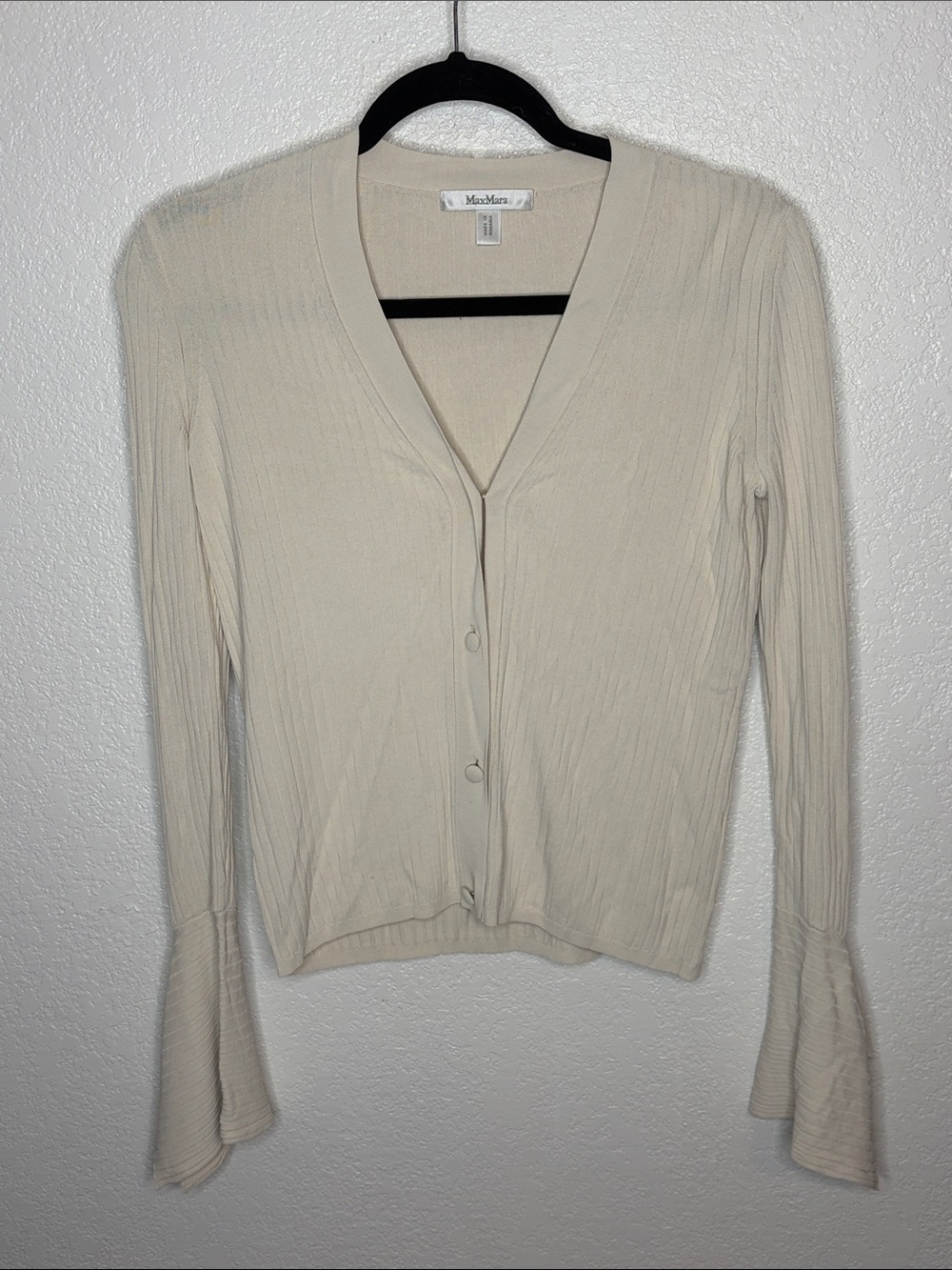 MaxMara Off White Ribbed V Neck Cardigan Top Size XS Interesting Sleeve